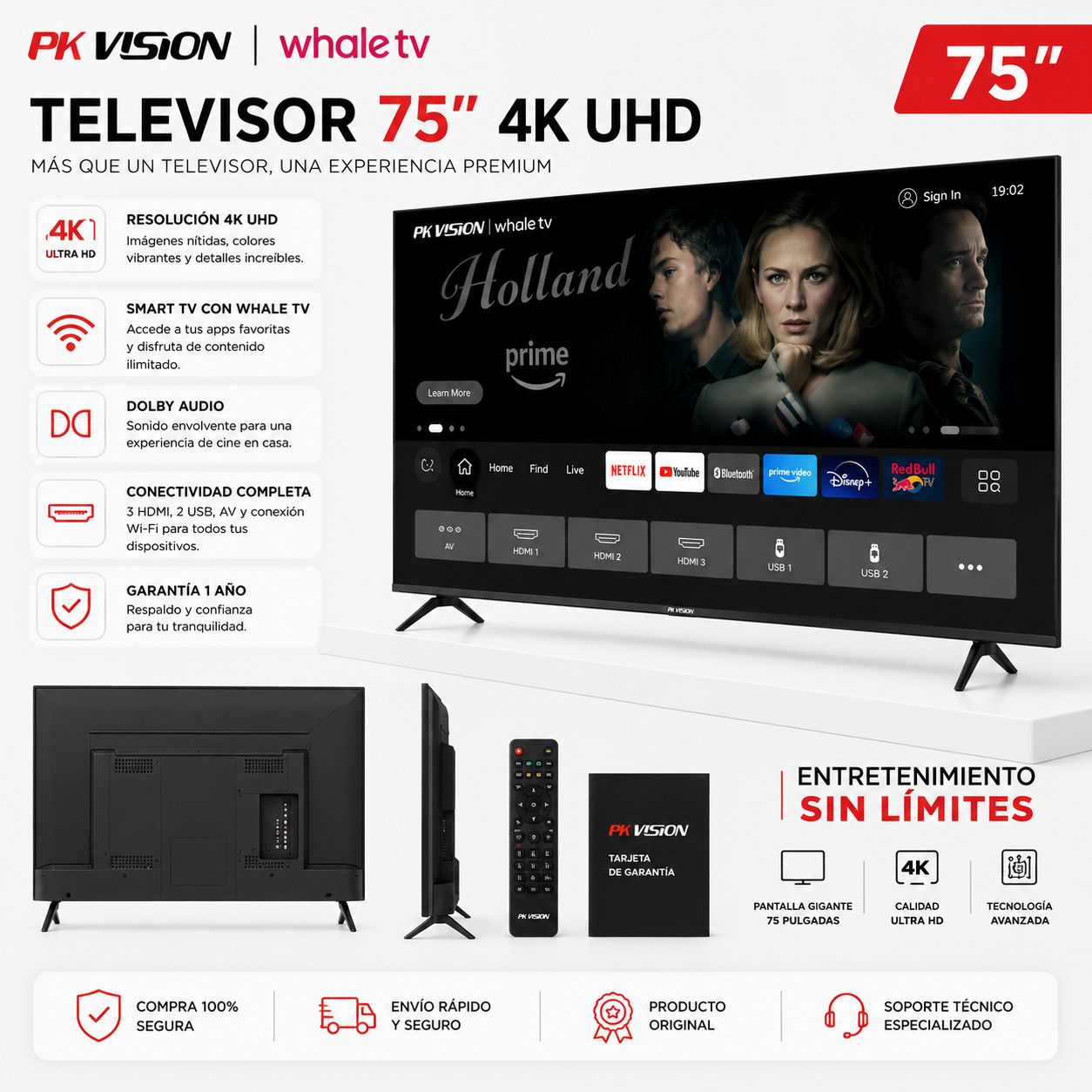Televisor Smart TV PK Vision 75" 4K UHD con Dolby Audio y WiFi
