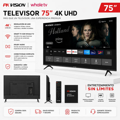 Televisor Smart TV PK Vision 75" 4K UHD con Dolby Audio y WiFi