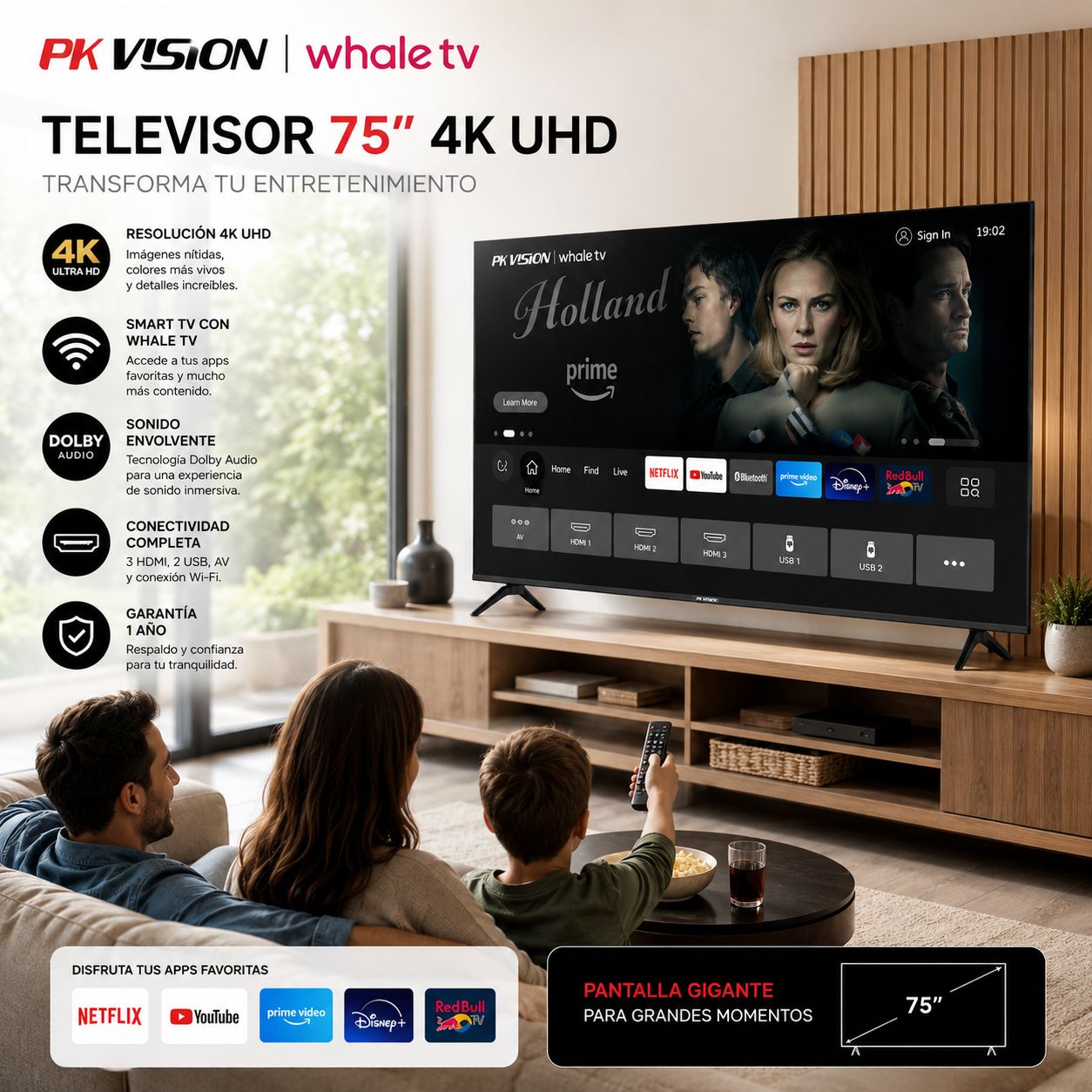 Televisor Smart TV PK Vision 75" 4K UHD con Dolby Audio y WiFi