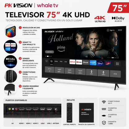 Televisor Smart TV PK Vision 75" 4K UHD con Dolby Audio y WiFi
