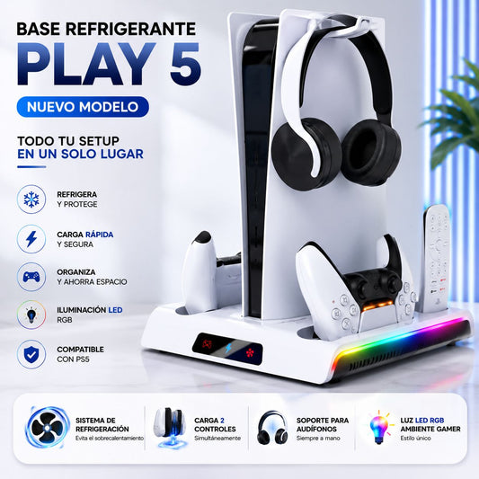 Base Refrigerante Multifuncional para PlayStation 5 con Carga Dual y Luz RGB