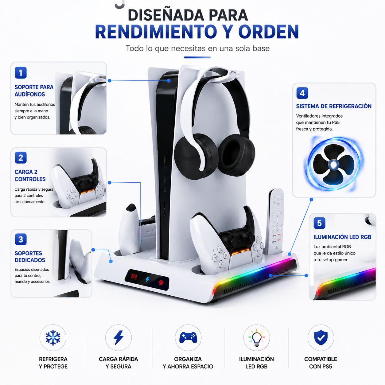 Base Refrigerante Multifuncional para PlayStation 5 con Carga Dual y Luz RGB
