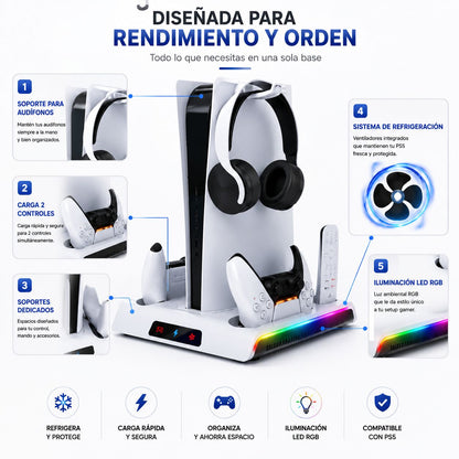 Base Refrigerante Multifuncional para PlayStation 5 con Carga Dual y Luz RGB