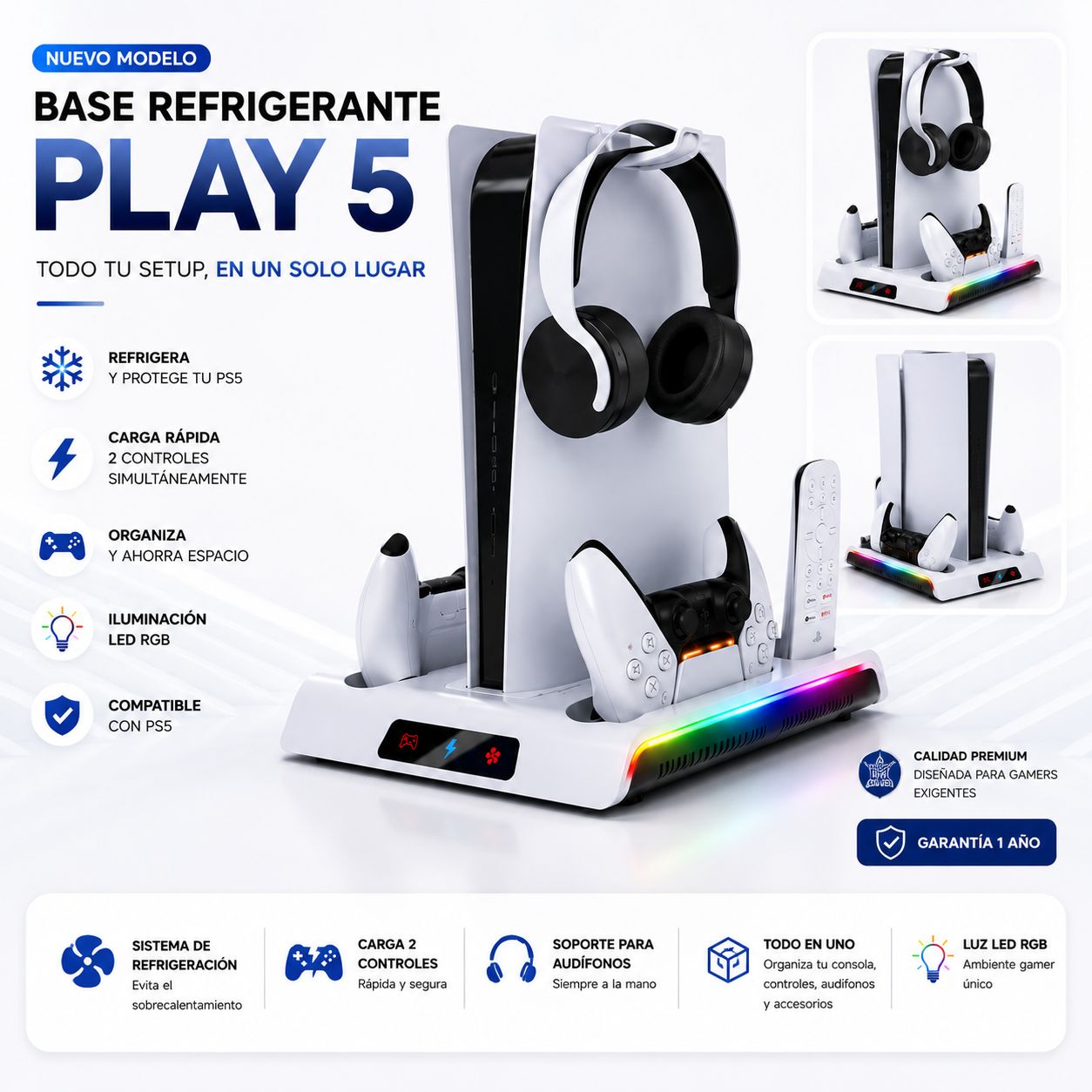 Base Refrigerante Multifuncional para PlayStation 5 con Carga Dual y Luz RGB