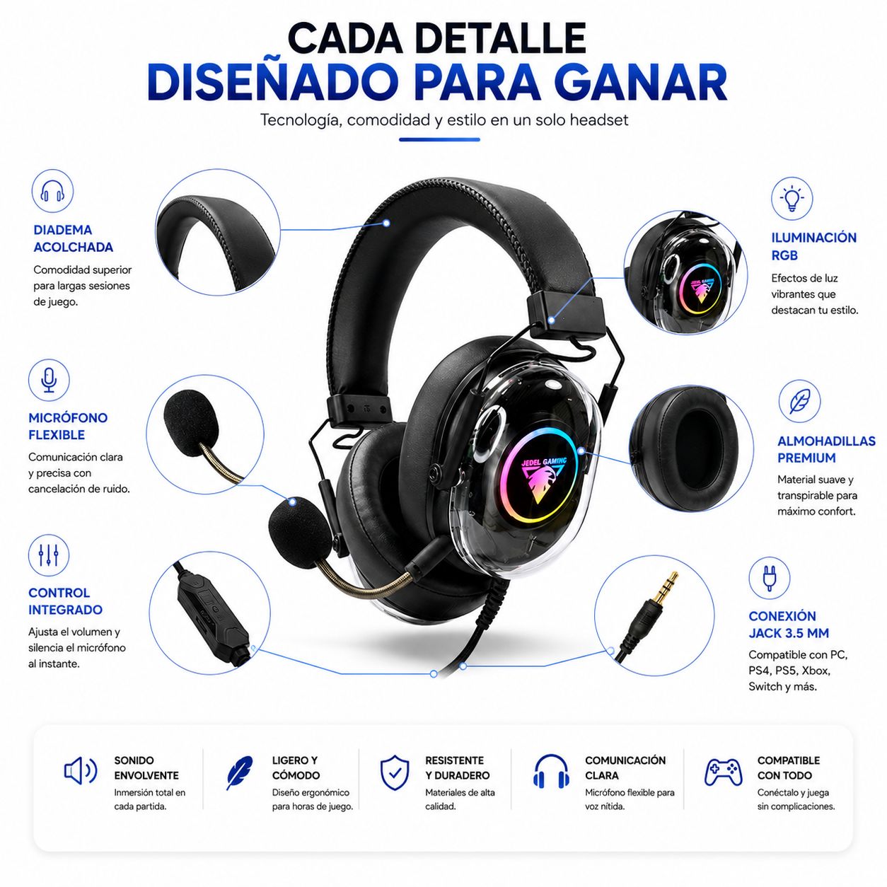 Audífonos Gamer RGB con Micrófono Flexible y Sonido Envolvente