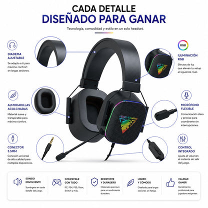 Diadema Gamer RGB con Micrófono HD y Sonido Envolvente