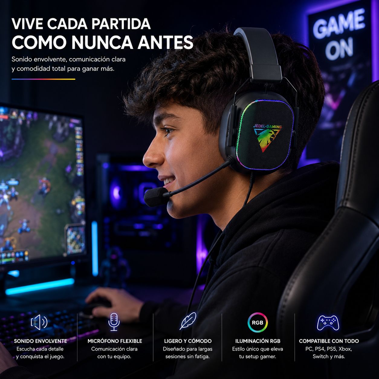 Diadema Gamer RGB con Micrófono HD y Sonido Envolvente