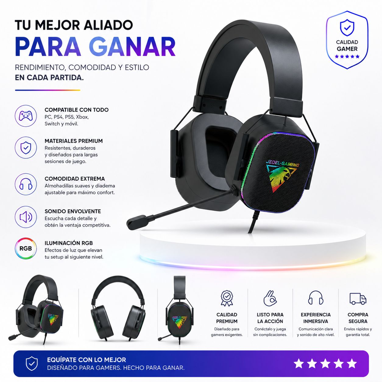 Diadema Gamer RGB con Micrófono HD y Sonido Envolvente