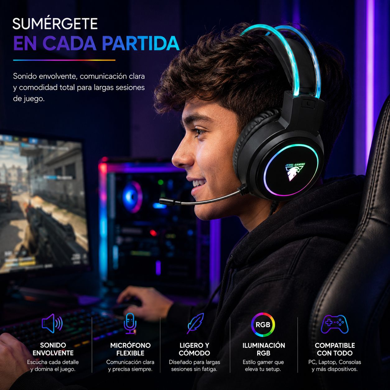 Audífonos Gamer RGB LED con Micrófono Flexible