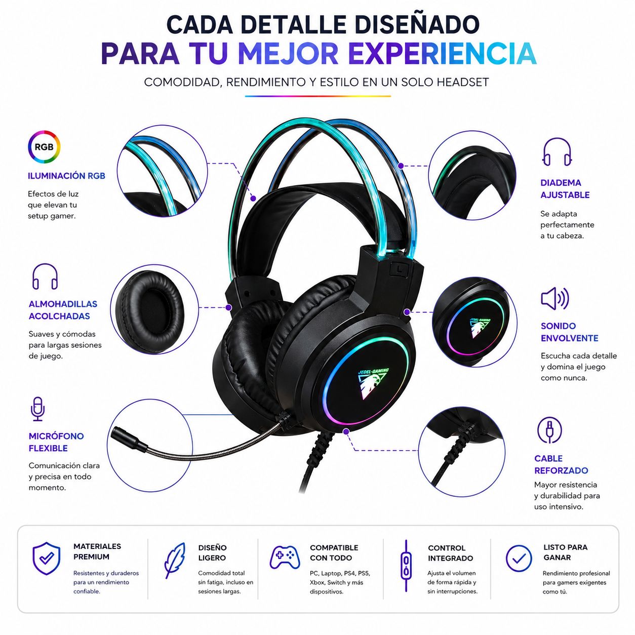 Audífonos Gamer RGB LED con Micrófono Flexible