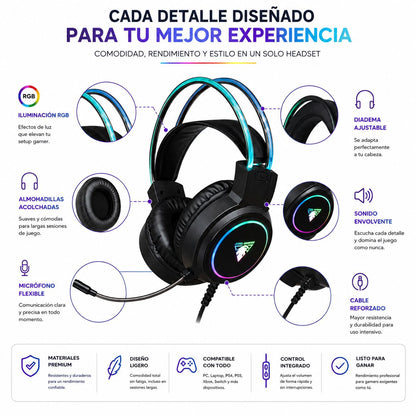 Audífonos Gamer RGB LED con Micrófono Flexible