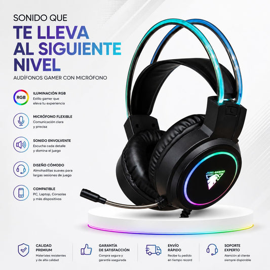 Audífonos Gamer RGB LED con Micrófono Flexible