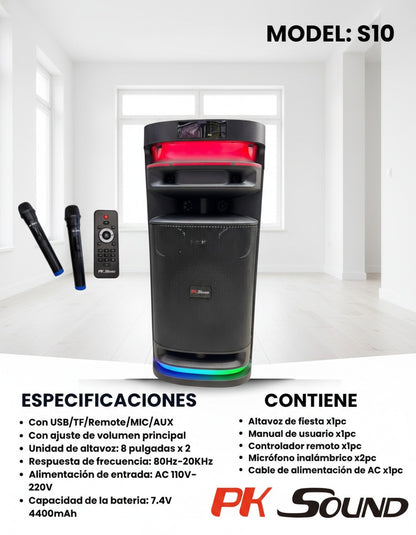 Parlante de Fiesta 8” Doble | 40W + 2 Micrófonos Inalámbricos