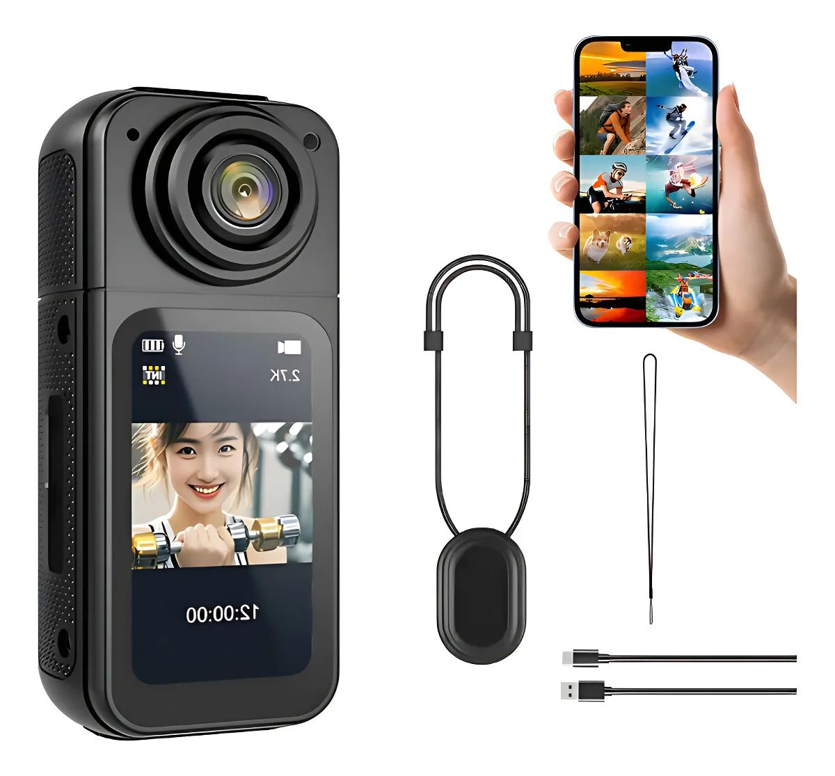 Cámara Mini Tipo Pulgar 2.7K – Doble Cámara con Pantalla HD