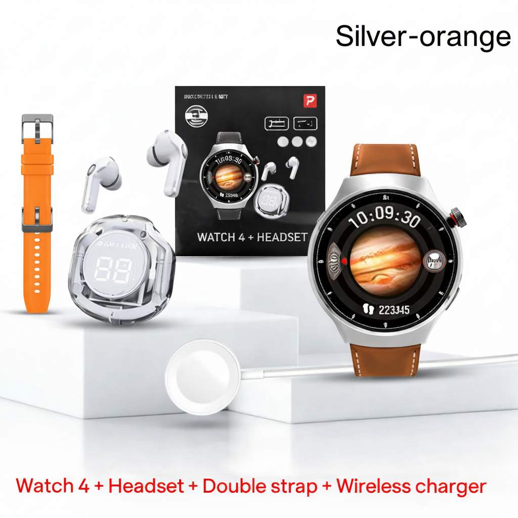 Smartwatch Watch 4 Plata-Naranja + Audífonos
