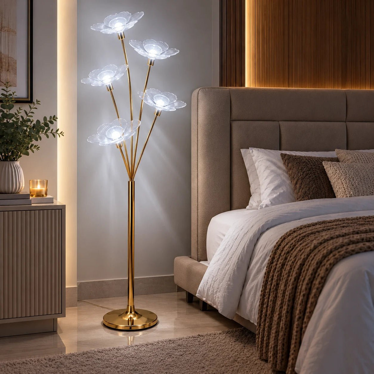 Lámpara de Piso LED con 5 Flores de Cristal Acrílico