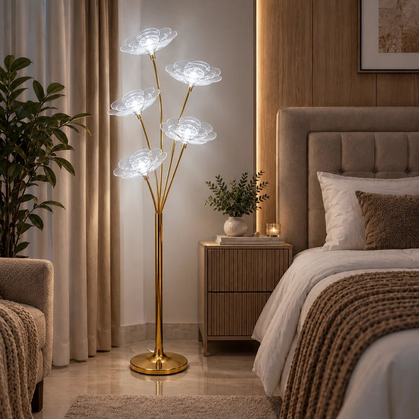 Lámpara de Piso LED con 5 Flores de Cristal Acrílico