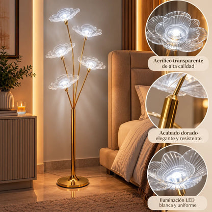 Lámpara de Piso LED con 5 Flores de Cristal Acrílico