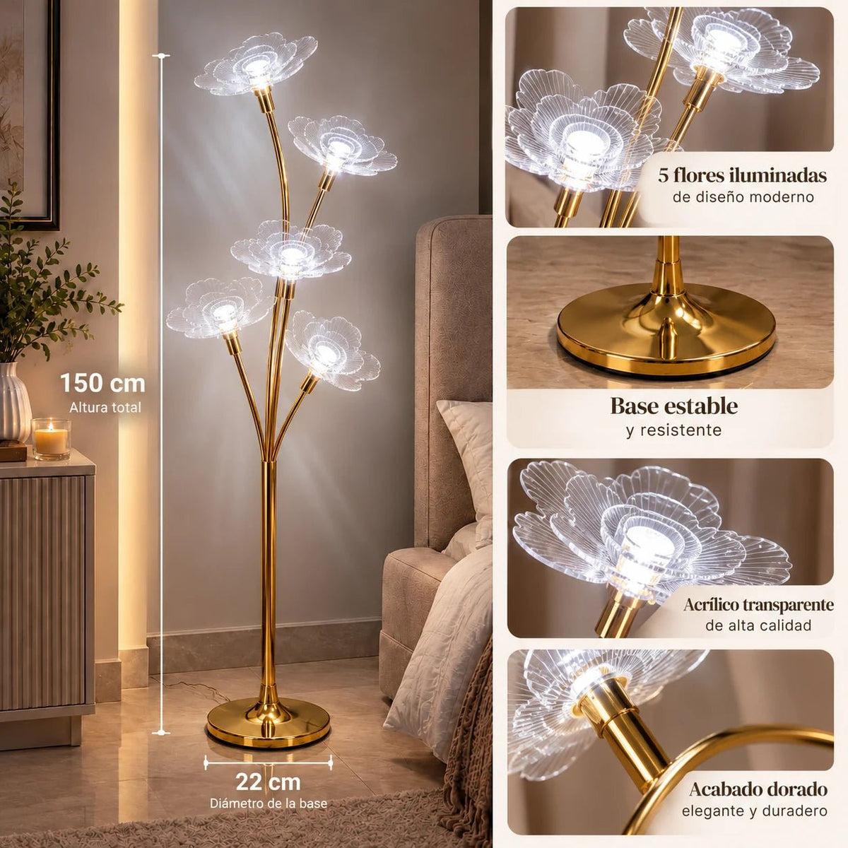 Lámpara de Piso LED con 5 Flores de Cristal Acrílico