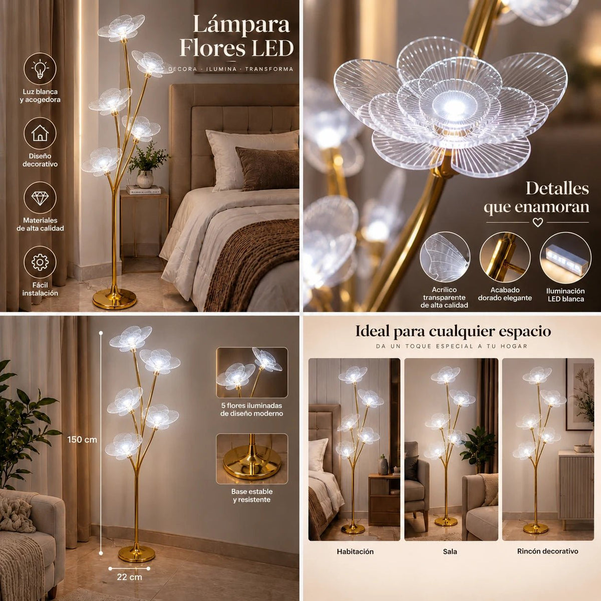 Lámpara de Piso LED con 5 Flores de Cristal Acrílico