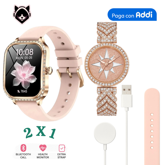Combo 2x1 Smartwatch Mujer + Reloj Elegante Rosa Oro | Bluetooth + Monitor Salud